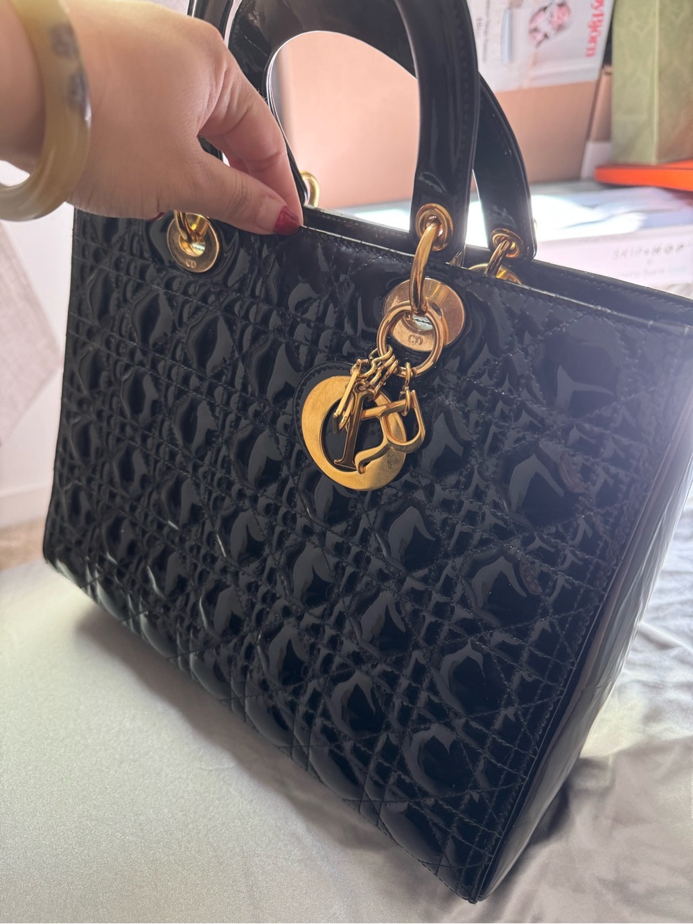 Dior Black Patent Leather Lady Dior Satchel with Gold Hardware Very New - Picture 10 of 11